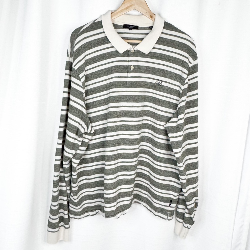Ted Baker London Mens 3XL Size 7 Polo Shirt Gray White Stripe Long Sleeve Logo